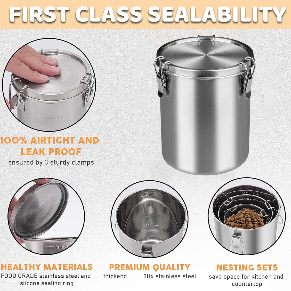 Stainless Steel Pet Food Storage Bucket Dog Cat Grain Container Bin Kitchen - 1600ml