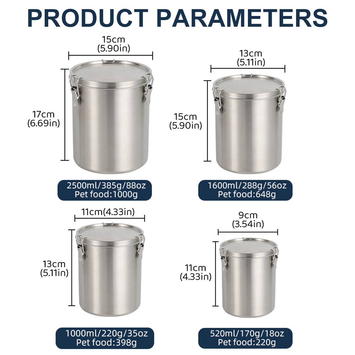 Stainless Steel Pet Food Storage Bucket Dog Cat Grain Container Bin Kitchen - 2500ml