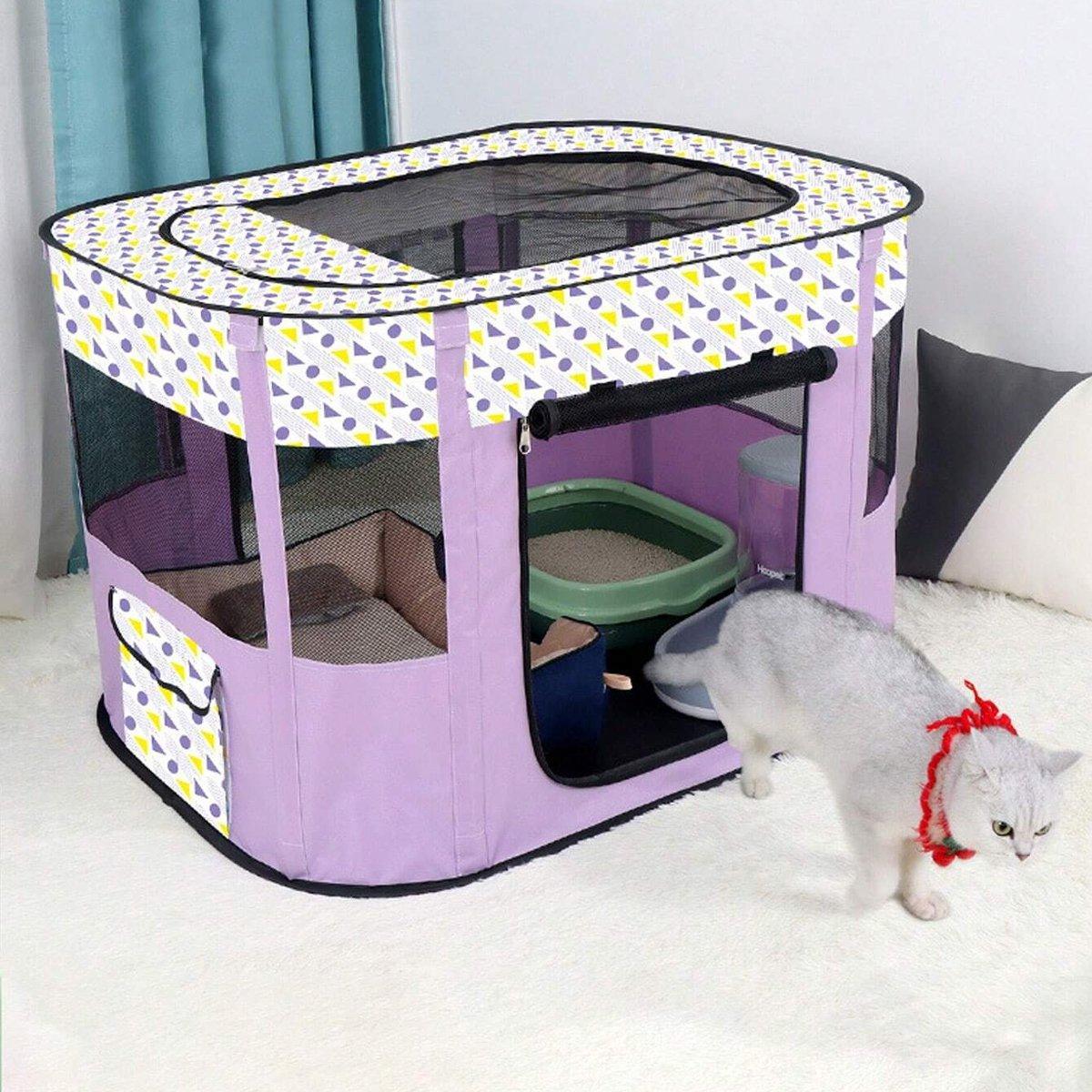 Foldable Cat Dog Kennel Pet Delivery Cage Portable Pet Fence Tent - Purple-M