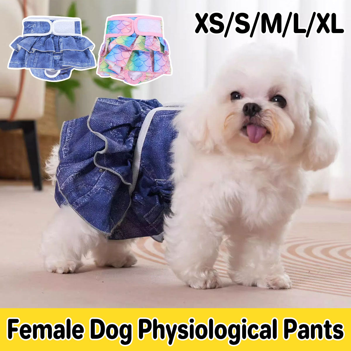 Pet Dog Diapers Female Pants Soft Breathable Underwear Reusable Sanitary Briefs - Denim Print - XS