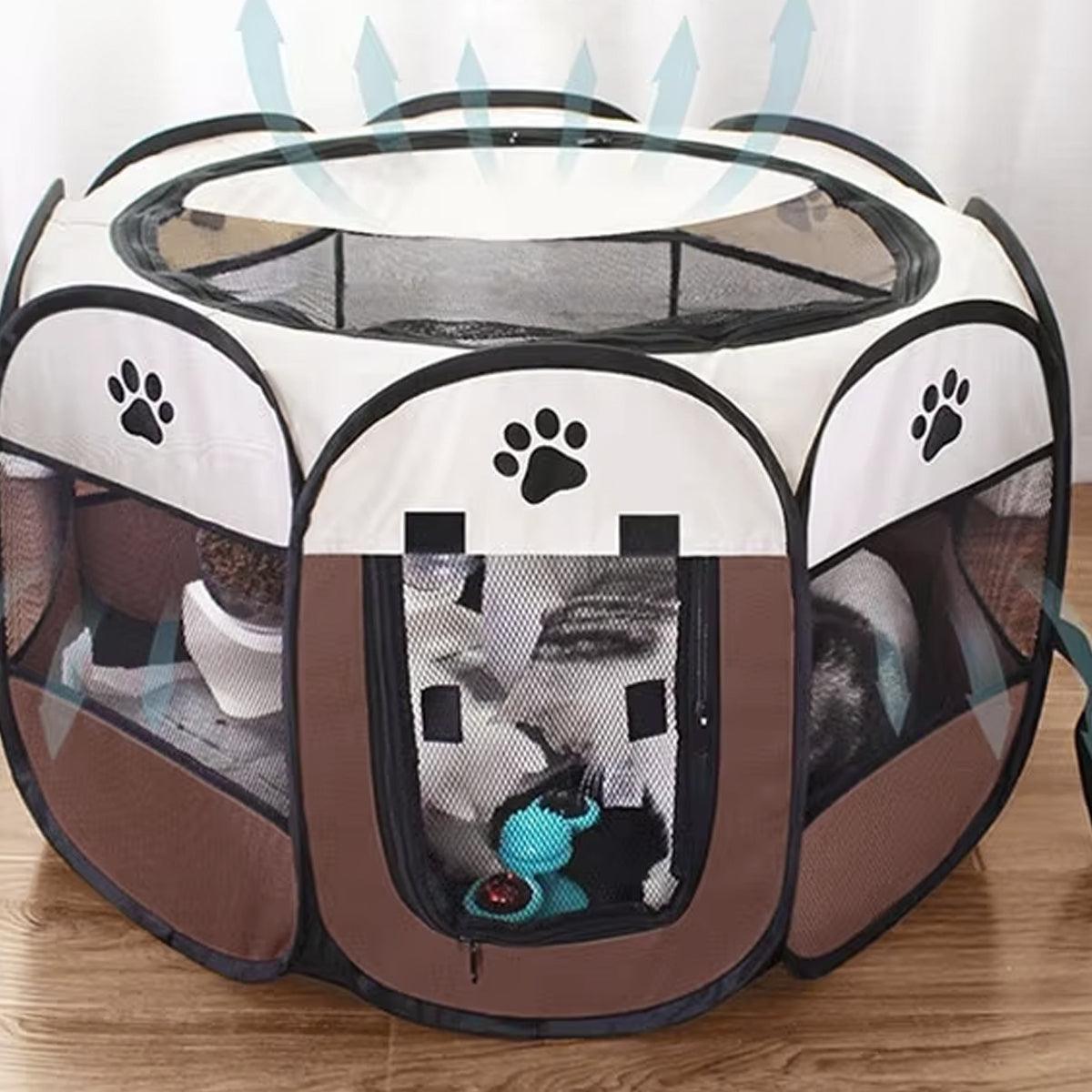 Pet Fence Indoor Cat Dog Tent Octagonal Fence Portable Foldable Cage Kennel - L-Coffee