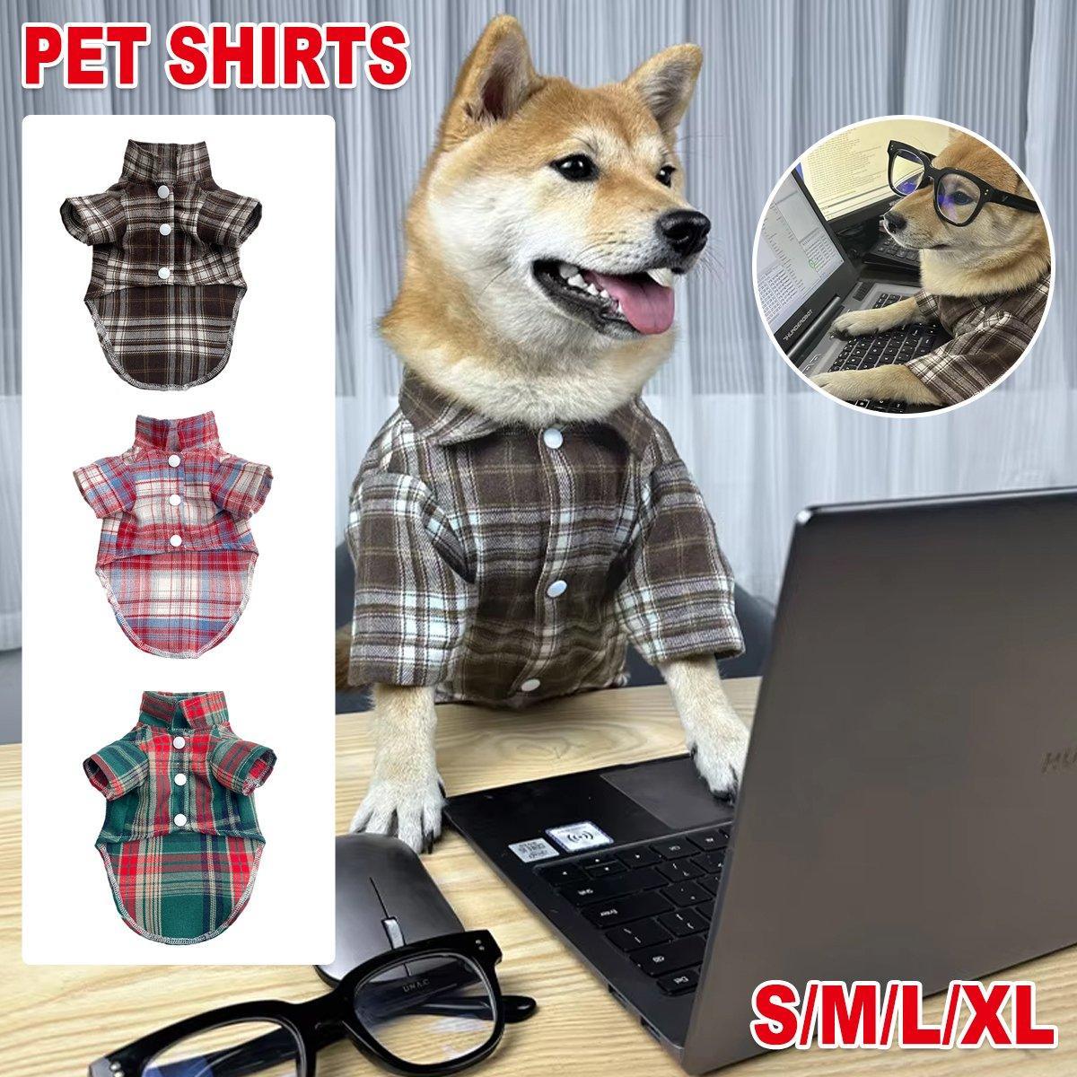 Soft Puppy Plaid Shirt Dog Clothes Jumpsuit Cat Pet Check Coat Summer T-shirt - Brown-S