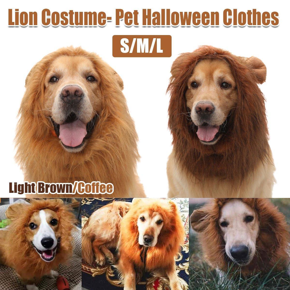 Lion Costume Mane Wig Large Dog Fancy Dress Up Party for Pet Halloween Clothes - Light Brown-S