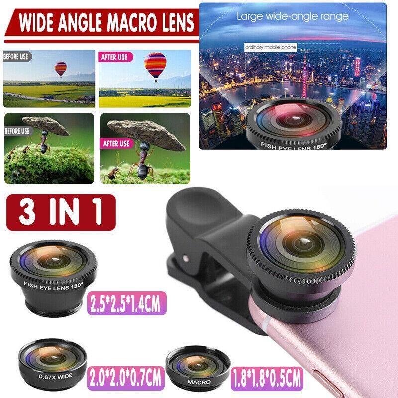 Wide Angle Macro Fisheye Phone Camera Lens Kit For Iphone Samsung Black