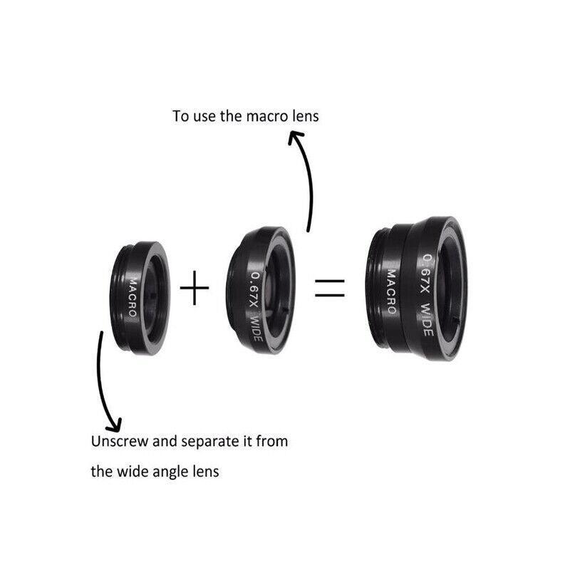 Wide Angle Macro Fisheye Phone Camera Lens Kit For Iphone Samsung Black