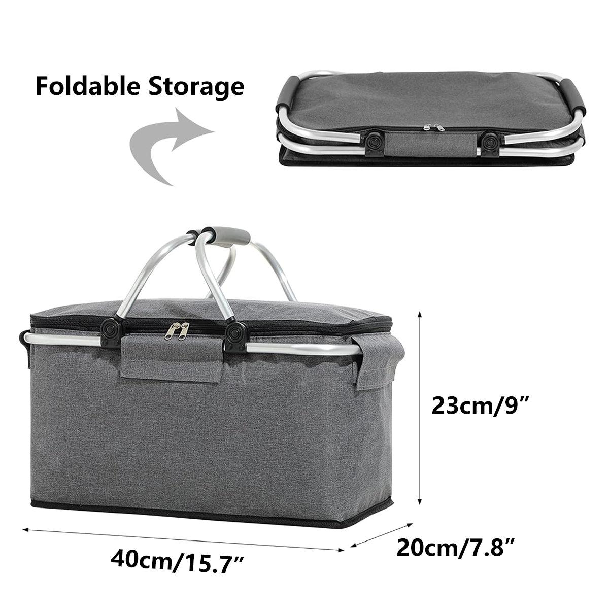 Folding Picnic Basket Insulated Cooler Bag Portable Outdoor Grocery Storage - Black