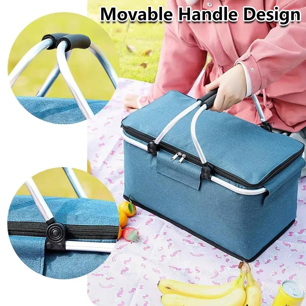 Folding Picnic Basket Insulated Cooler Bag Portable Outdoor Grocery Storage - Black