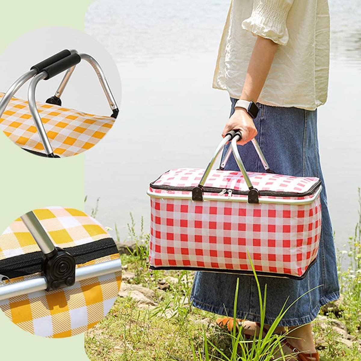 Foldable Picnic Basket Outdoor Camping Carrying Basket Portable Food Storage - Navy