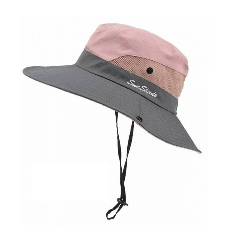 Women Wide Brim Ponytail Hat Sun Protect Visor Summer Beach Cap Anti Uv Floppy - Pink