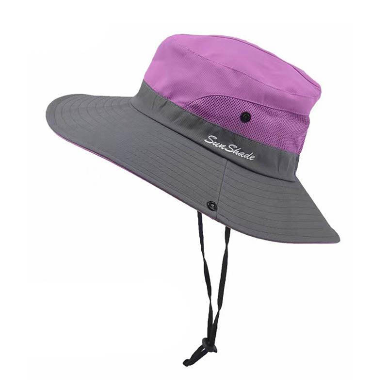 Women Wide Brim Ponytail Hat Sun Protect Visor Summer Beach Cap Anti Uv Floppy - Pink