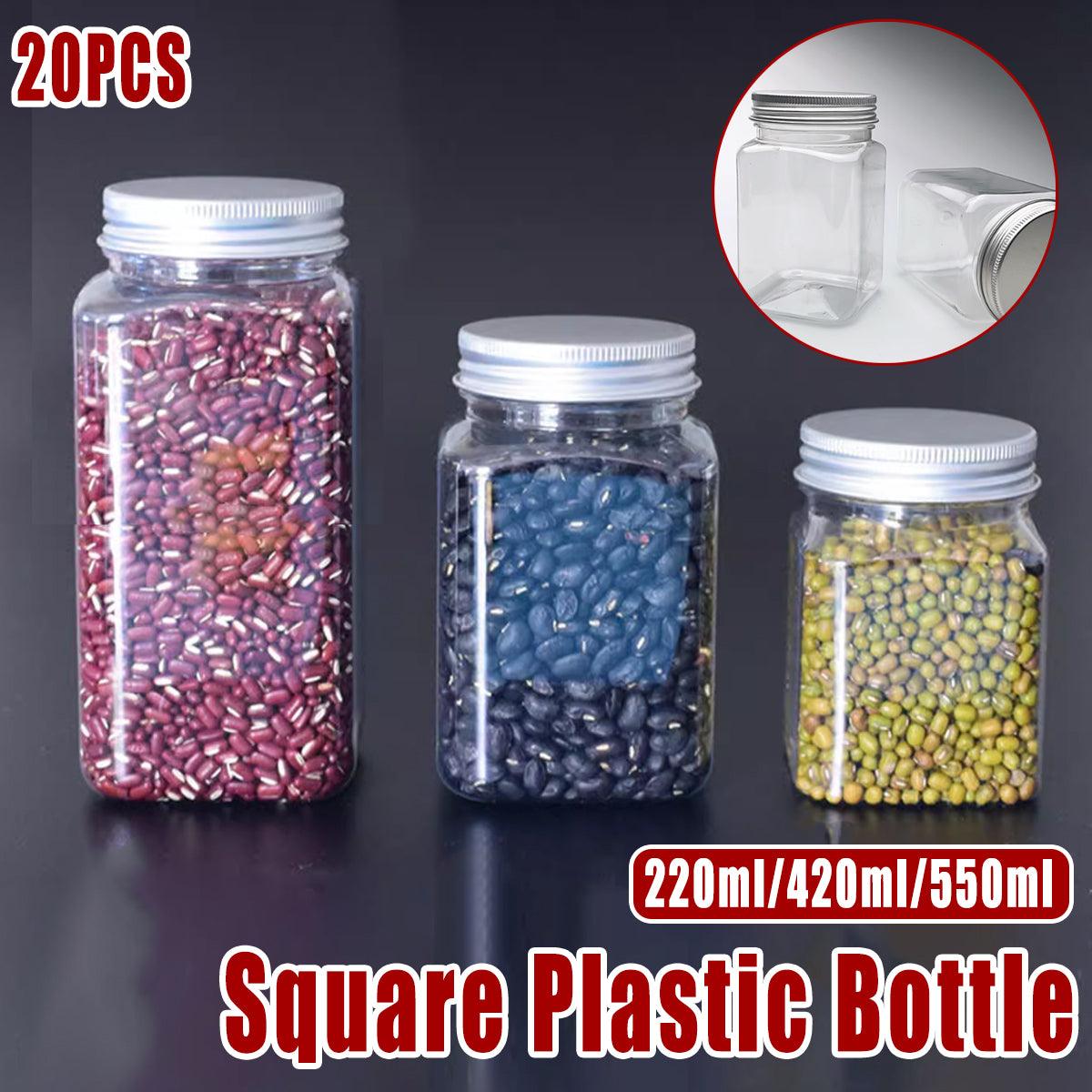20pcs Square Transparent Plastic Bottle with Aluminum Cap Sealed Jar for Food - 550ml