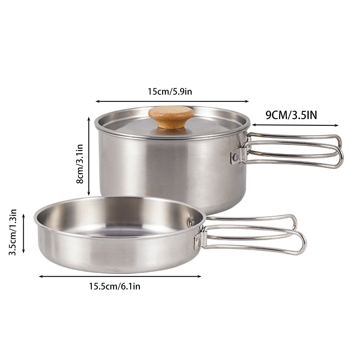 2PCS 304 Stainless Steel Camping Pot and Pan Set With Folding Handles Outdoor