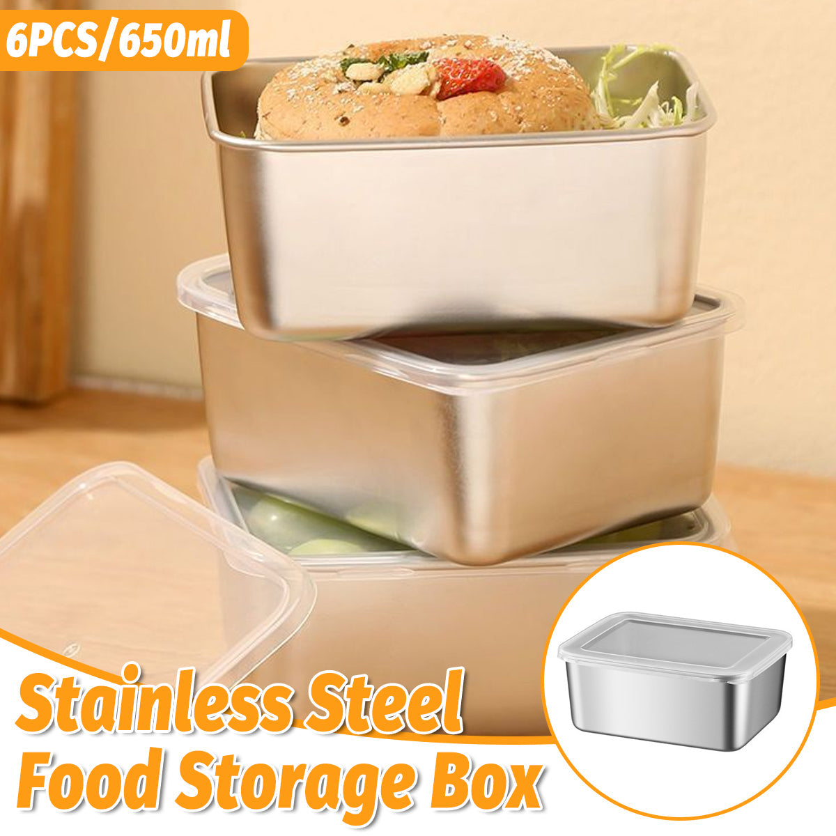 6pcs Stainless Steel Food Container Set Sealed Lid Fruit Vegetable Storage Box