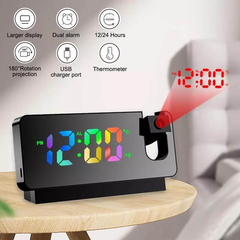 LED Digital Smart Alarm Clock Projection Temperature Time Projector LCD Display - Black