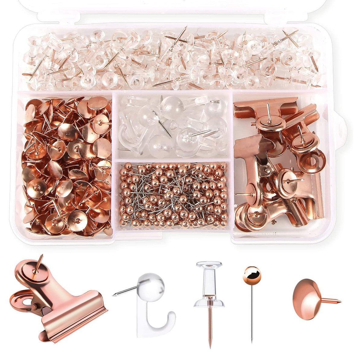 465PCS Rose Gold Thumbtacks Binder Clips Push Pins Set Office Supplies With Box