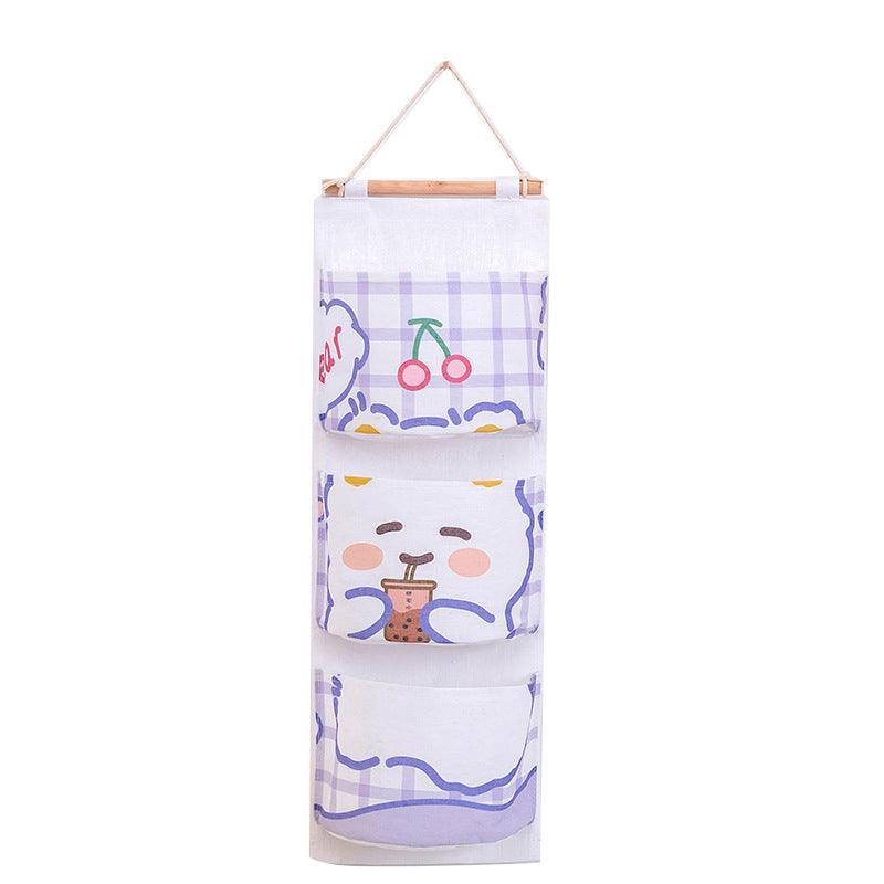 3 Pocket Hanging Storage Bag with Wooden Rod for Wall or Door Organisation - Bear