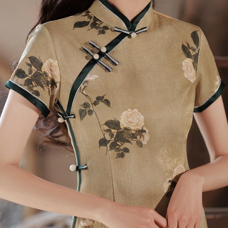 Retro Chinese Style Yellow Jacquard Cheongsam Short Sleeve Improved Young Style - XXL