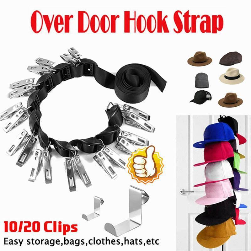 Over Door Hat Rack Baseball Cap Holder Storage Strap with Clips Closet Organizer - 20 Cips
