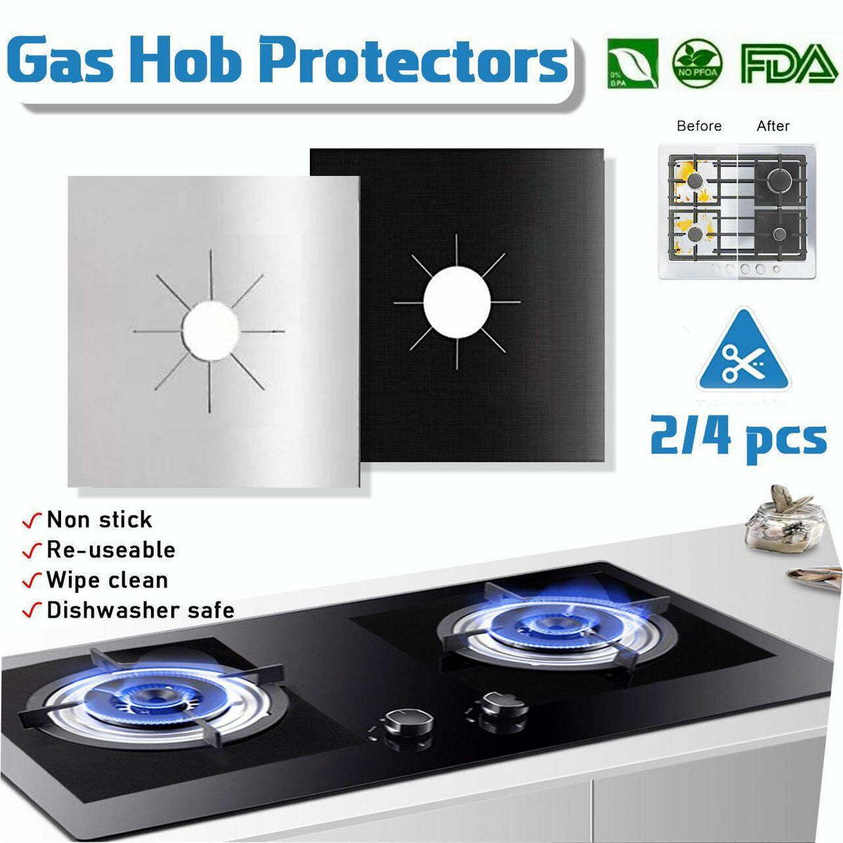 4 Pcs Reusable Stove Clean Mat Reusable Gas Oil Protector Liner Burner Cover Au - 4 PCS Black