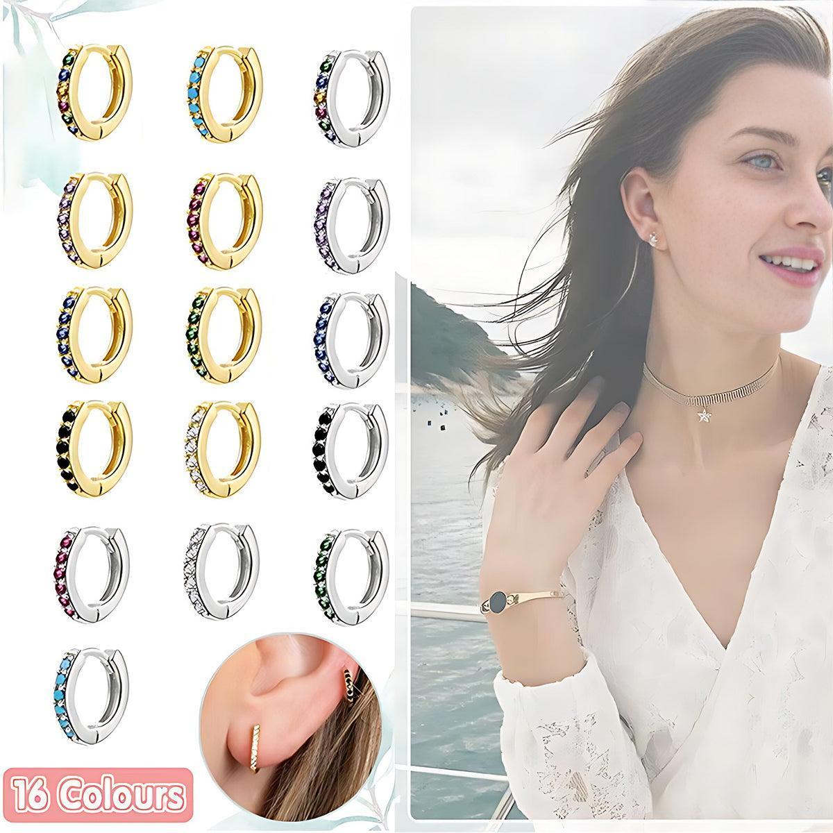 925 Sterling Silver Gold Rings Plated Cubic Crystal Cuff Huggie Hoop Earrings Au - Silver-Calaite Crystal