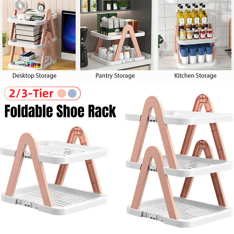 2/3 Tier Removable Shoe Rack Folding Storage Shelf Simple Space Saving Organizer - 2Tier-Pink