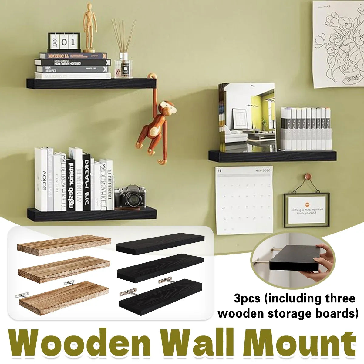 3 PCS Wooden Wall Shelf Single Board Wall Mounted Home Decor Living Room Bedroom - Brown