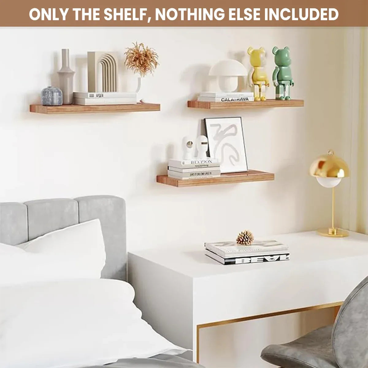 3 PCS Wooden Wall Shelf Single Board Wall Mounted Home Decor Living Room Bedroom - Brown