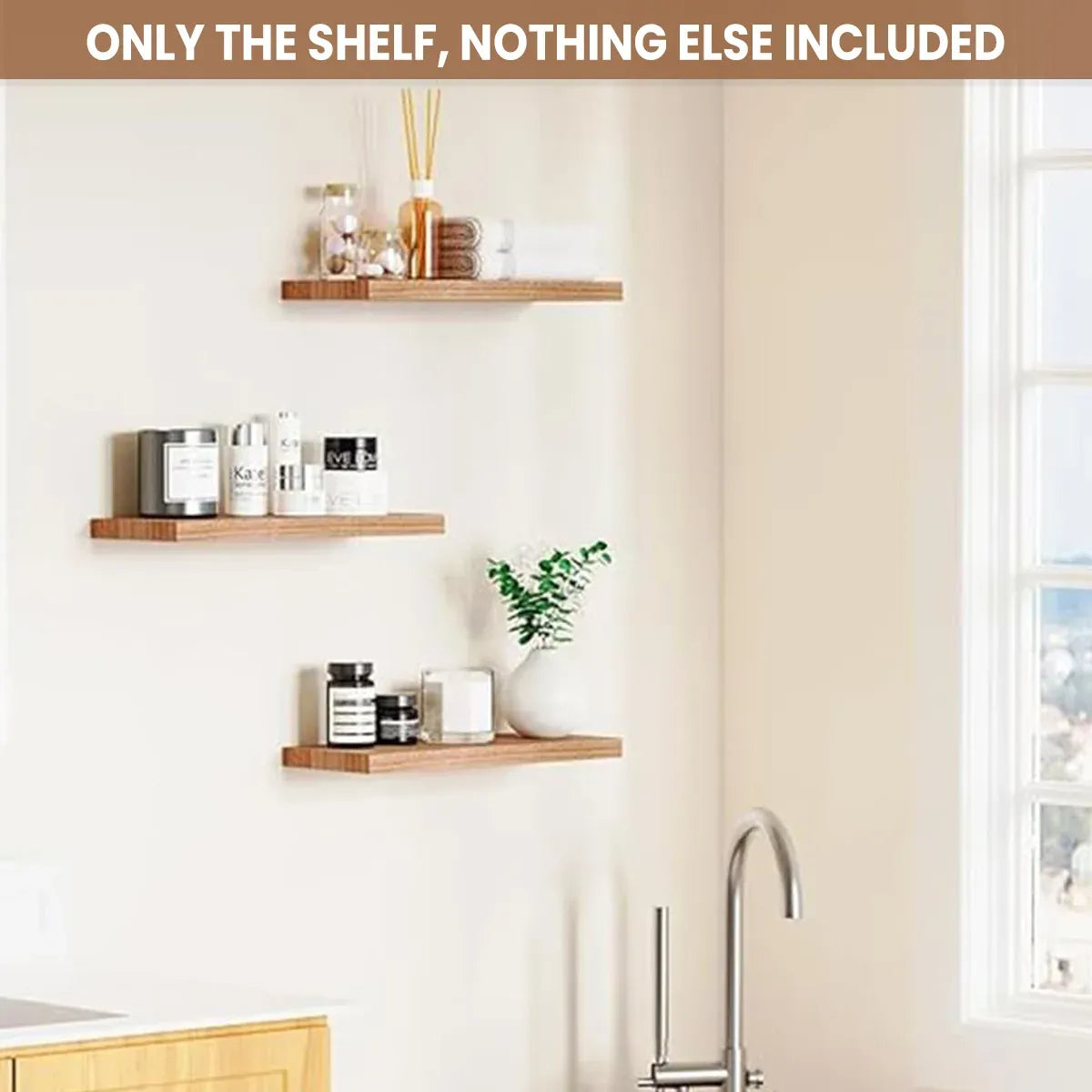 3 PCS Wooden Wall Shelf Single Board Wall Mounted Home Decor Living Room Bedroom - Brown