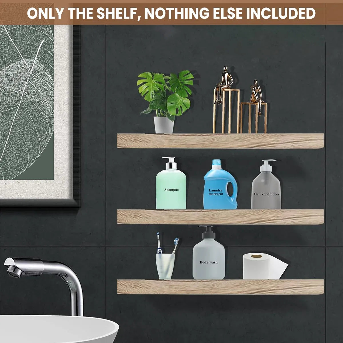 3 PCS Wooden Wall Shelf Single Board Wall Mounted Home Decor Living Room Bedroom - Brown