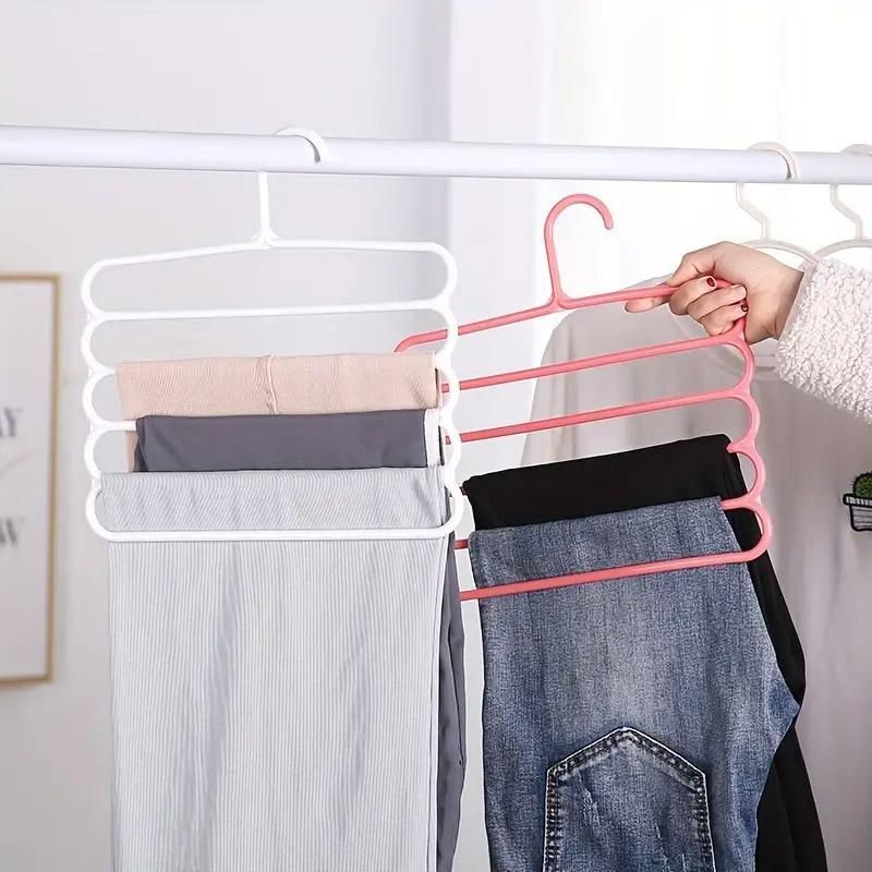 5pcs 5 Tier Trouser Rack Multifunctional Hanging Wardrobe Scarf Tie Hanger Set - Pink