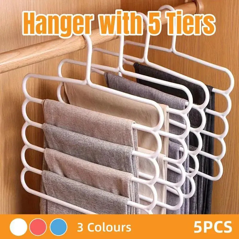 5pcs 5 Tier Trouser Rack Multifunctional Hanging Wardrobe Scarf Tie Hanger Set - Pink