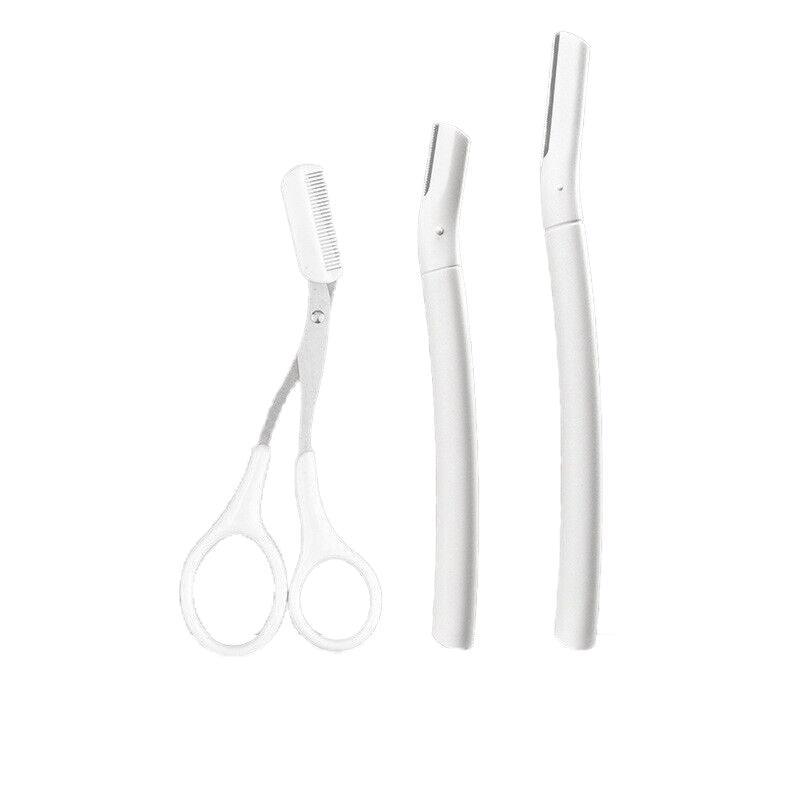 3Pcs Eyebrow Razor Set Facial Trimmer Shaver Blade Hair Remover Beauty Tool - Short+Long Eyebrow Razor+Scissor-White