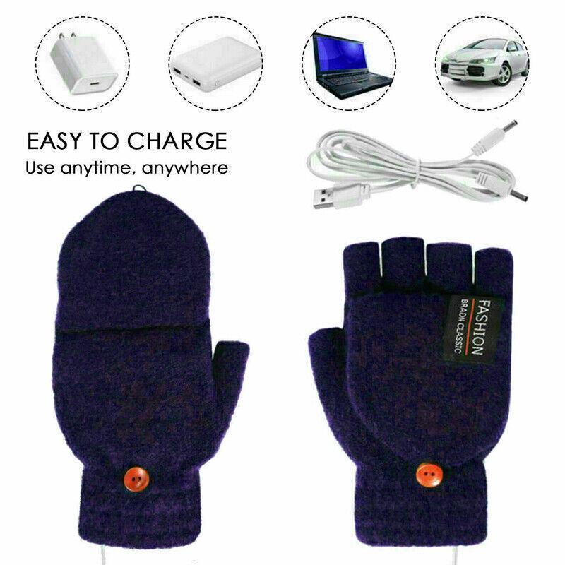USB Heated Half Finger Gloves Winter Warm Knitted Gloves for Typing and Office Use - Navy