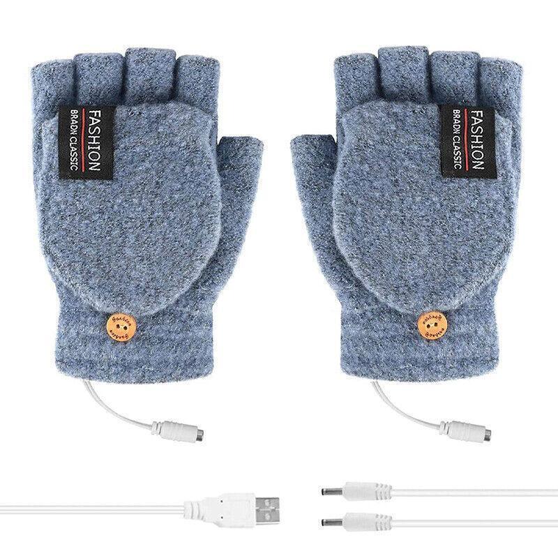 USB Heated Half Finger Gloves Winter Warm Knitted Gloves for Typing and Office Use - Navy