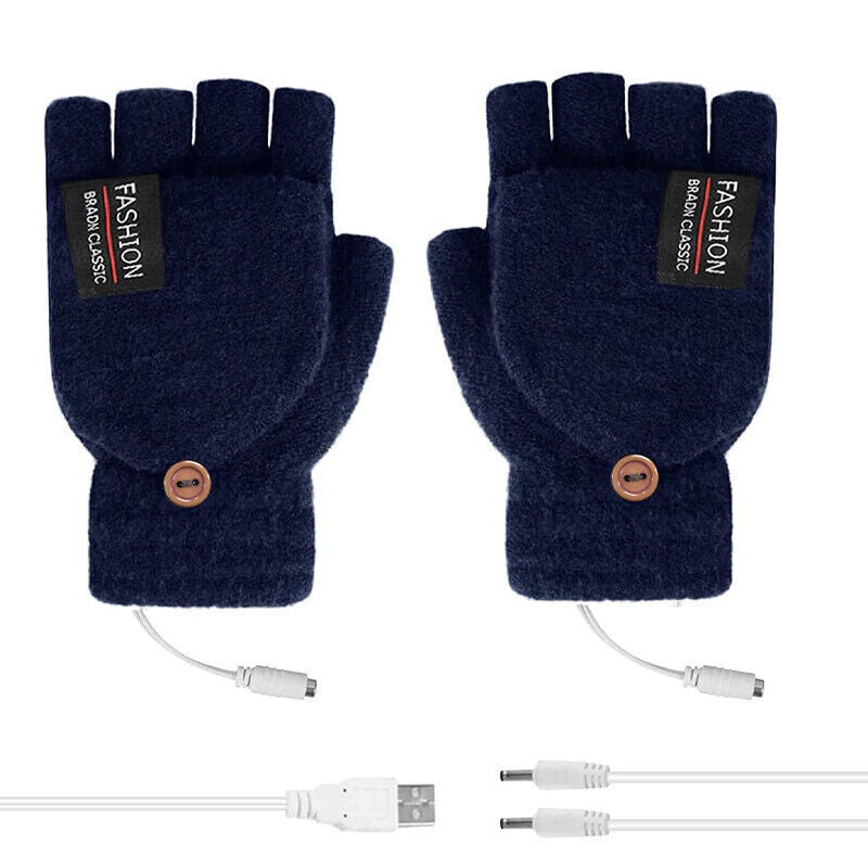 USB Heated Half Finger Gloves Winter Warm Knitted Gloves for Typing and Office Use - Navy