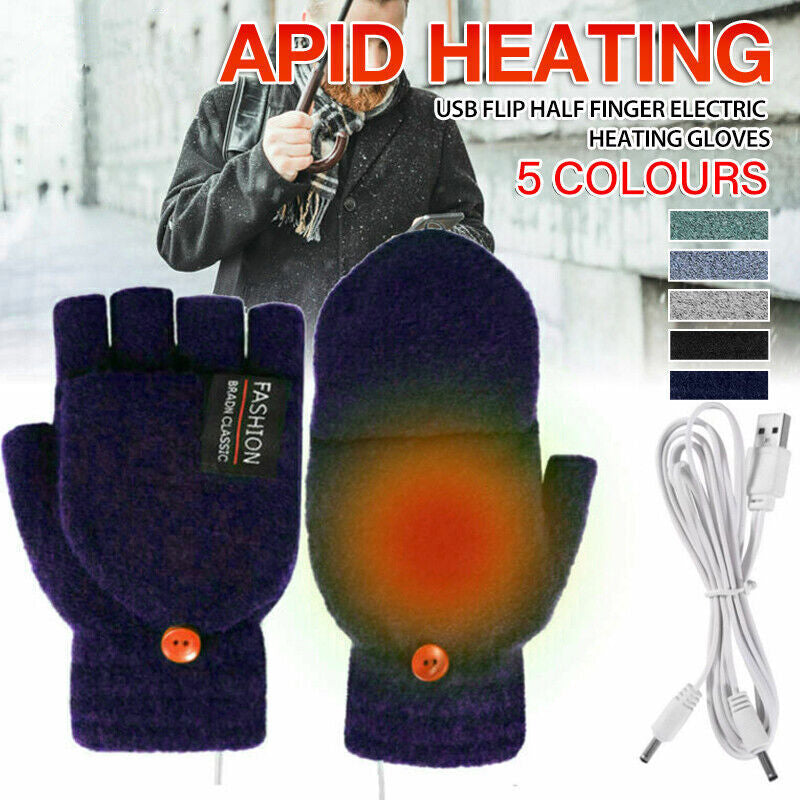 USB Heated Half Finger Gloves Winter Warm Knitted Gloves for Typing and Office Use - Blue