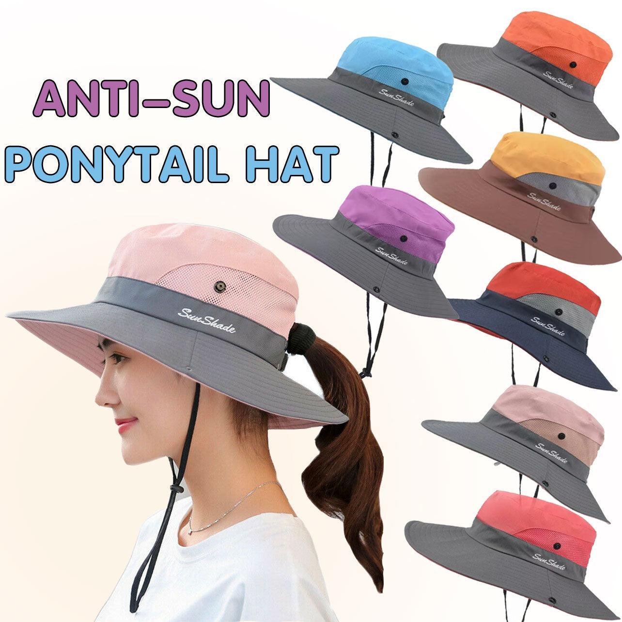 Women Wide Brim Ponytail Hat Sun Protect Visor Summer Beach Cap Anti Uv Floppy - Red