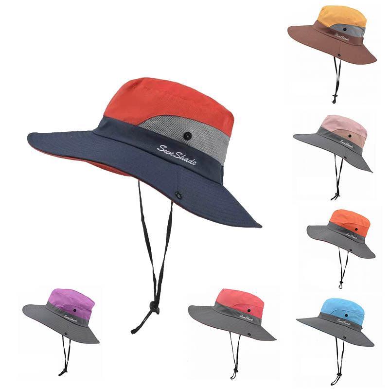 Women Wide Brim Ponytail Hat Sun Protect Visor Summer Beach Cap Anti Uv Floppy - Red