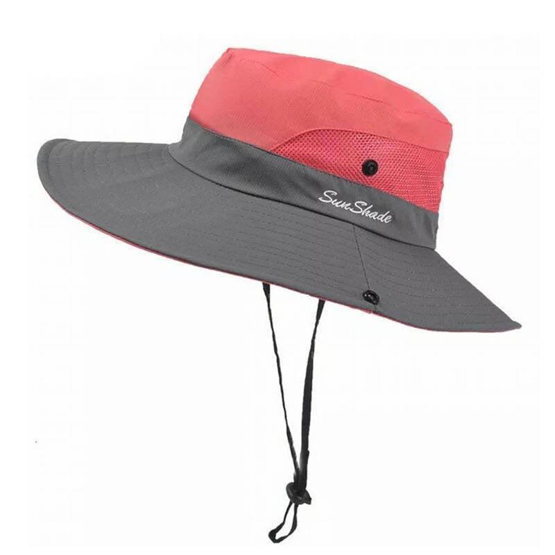 Women Wide Brim Ponytail Hat Sun Protect Visor Summer Beach Cap Anti Uv Floppy - Red