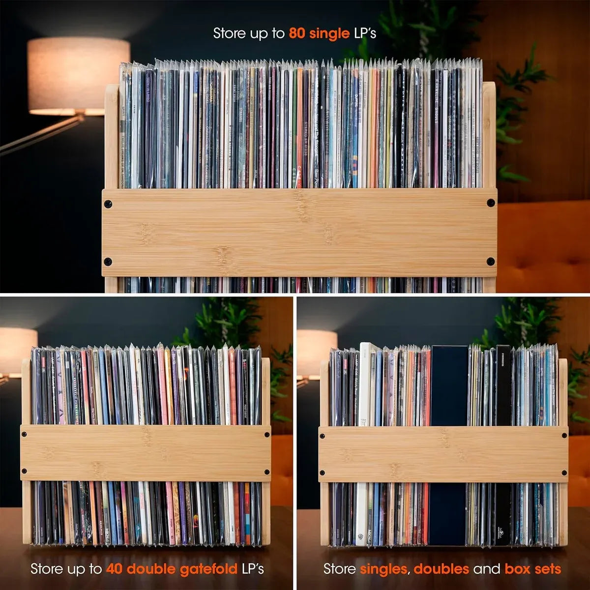 Bamboo Wood Record Stand Large Capacity Space Saving Vinyl Collection Display