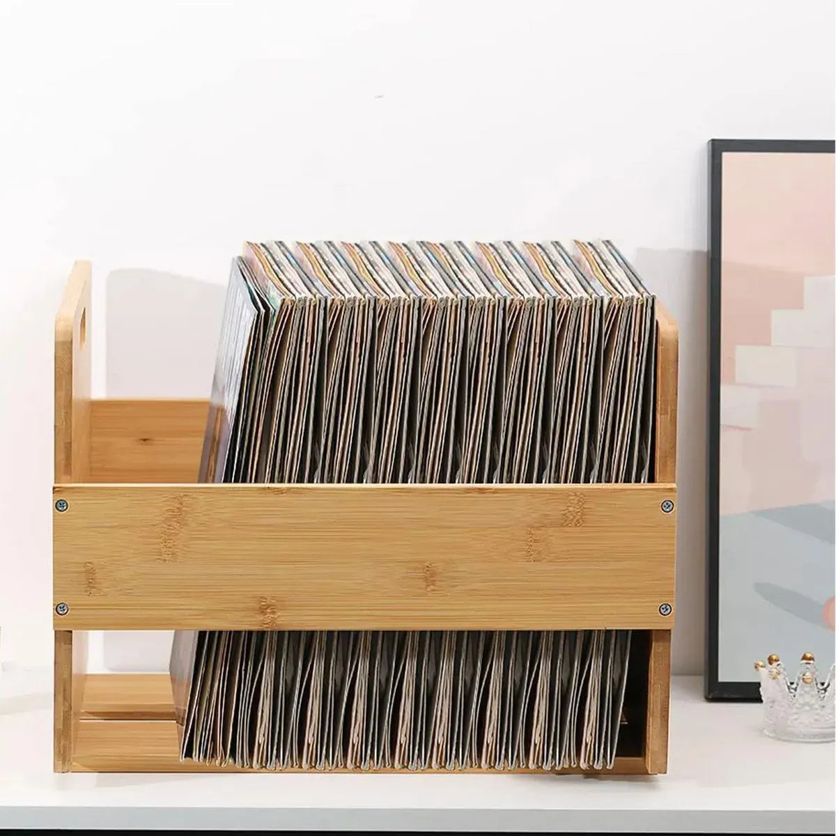 Bamboo Wood Record Stand Large Capacity Space Saving Vinyl Collection Display