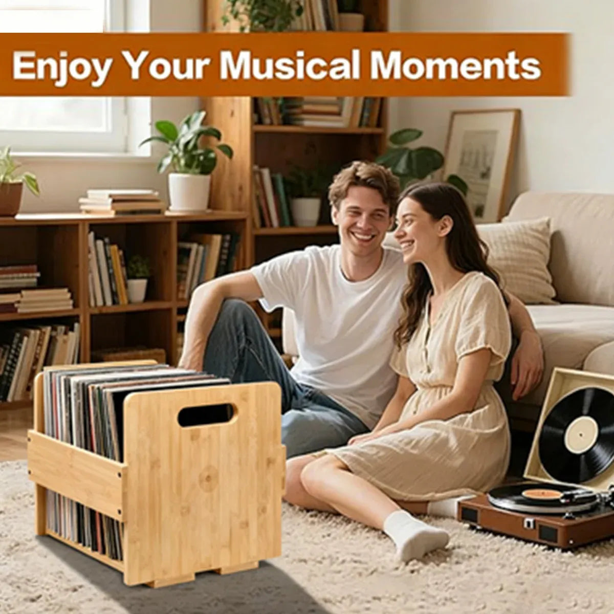 Bamboo Wood Record Stand Large Capacity Space Saving Vinyl Collection Display