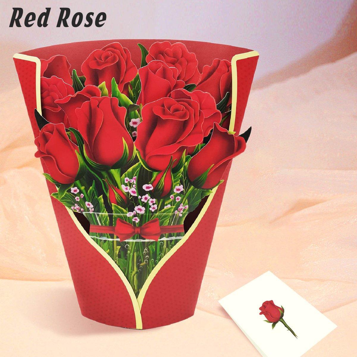 New Style 3D Pop Up Cards Paper Flower Bouquet Greeting Card for All Occasions - Red Rose