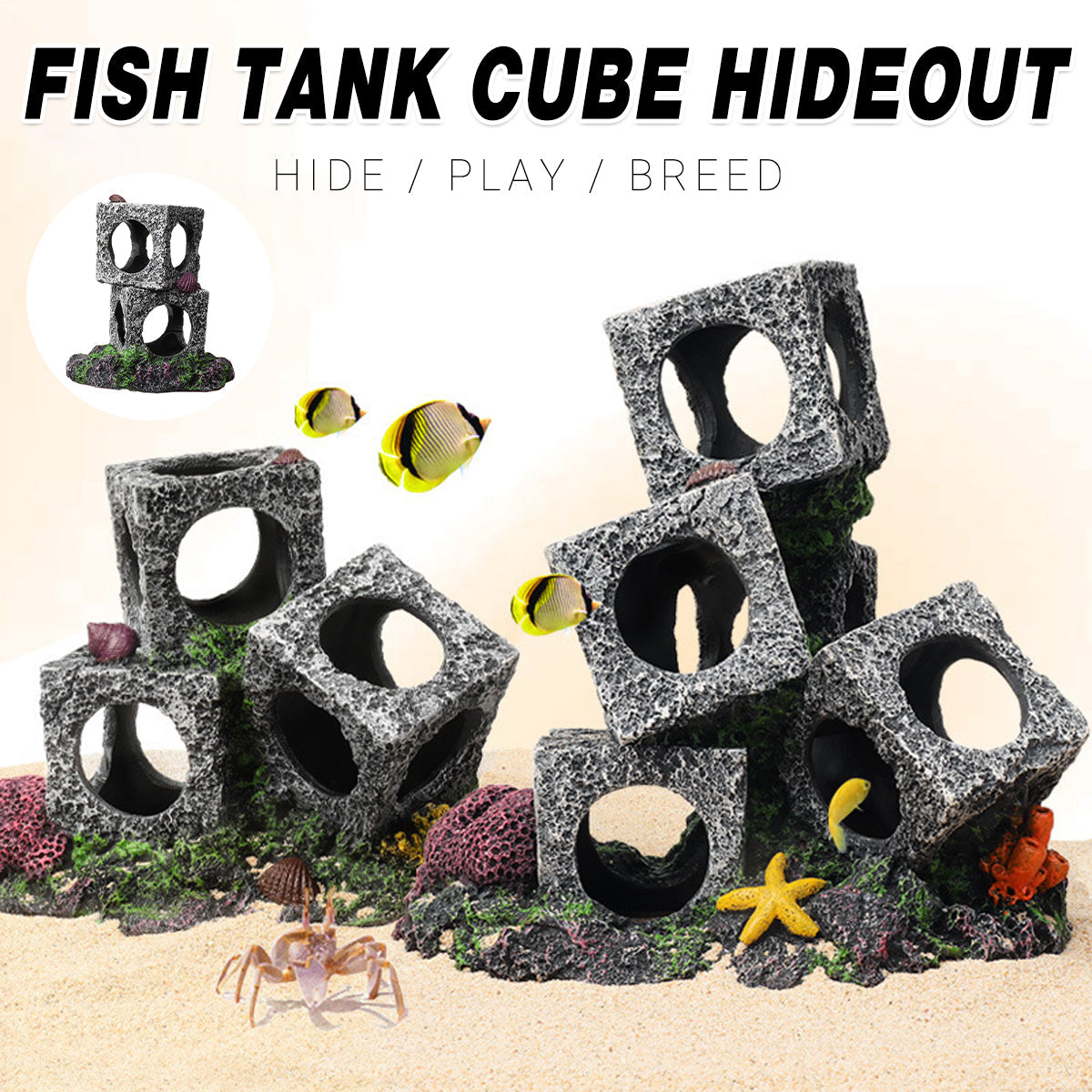 Fish Tank Shrimp Shelter House Square Stone Cave Aquarium Breeding Hiding Decor - 2 Squares