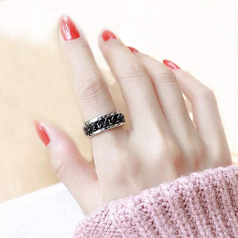 Spinner Rings Mens Womens Fidget Rotating Ring Silver Stainless Steel Size 10 - Black