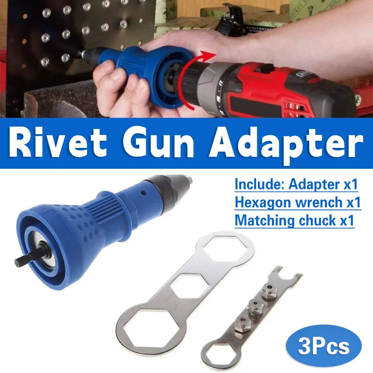 Electric Riveting Set 3pcs Swivel Head Adapter Drill Riveting Tool Heavy Duty