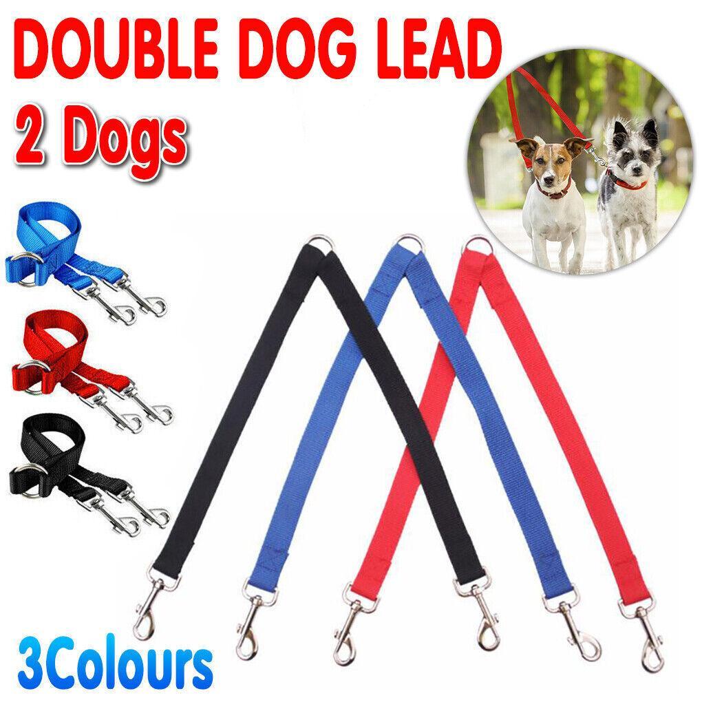 2 Way Double Dual Dog Leash Walk 2 Dogs With One Lead Coupler Nylon Harness - Blue