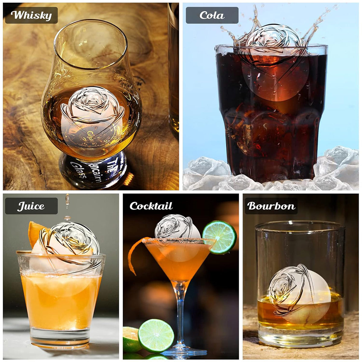 Large Ice Cube Tray Rose Maker Silicone Mold Whiskey Chocolate Jelly Mould DIY - Black