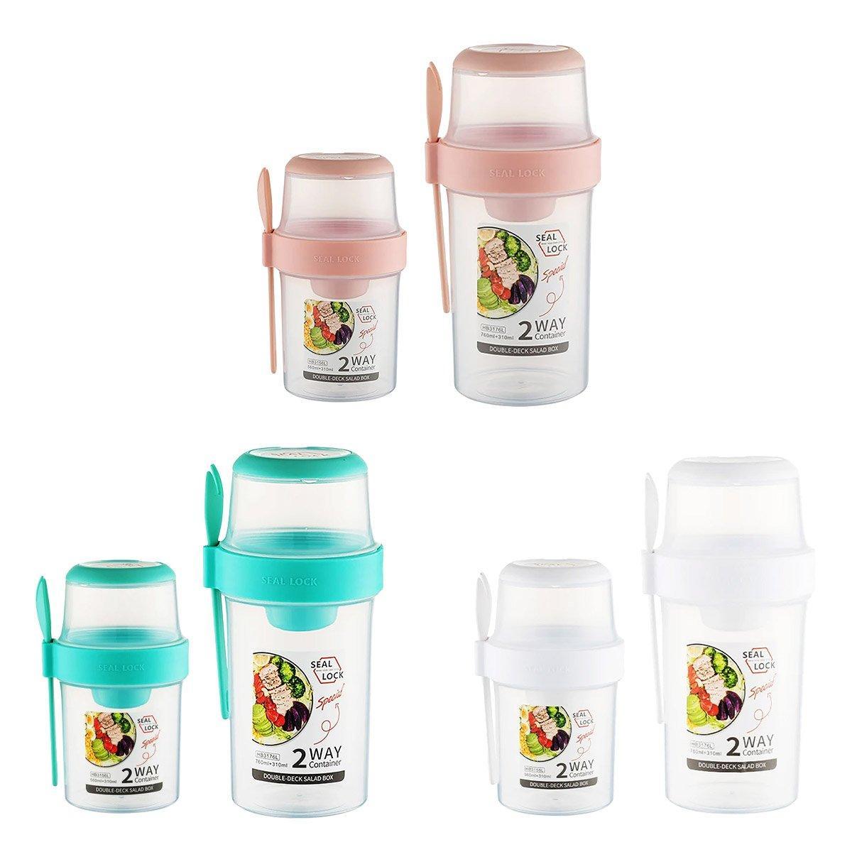 Double Plastic Salad Cup with Fork Sealed Breakfast Container for On-the-Go Meal - 560ml-Pink