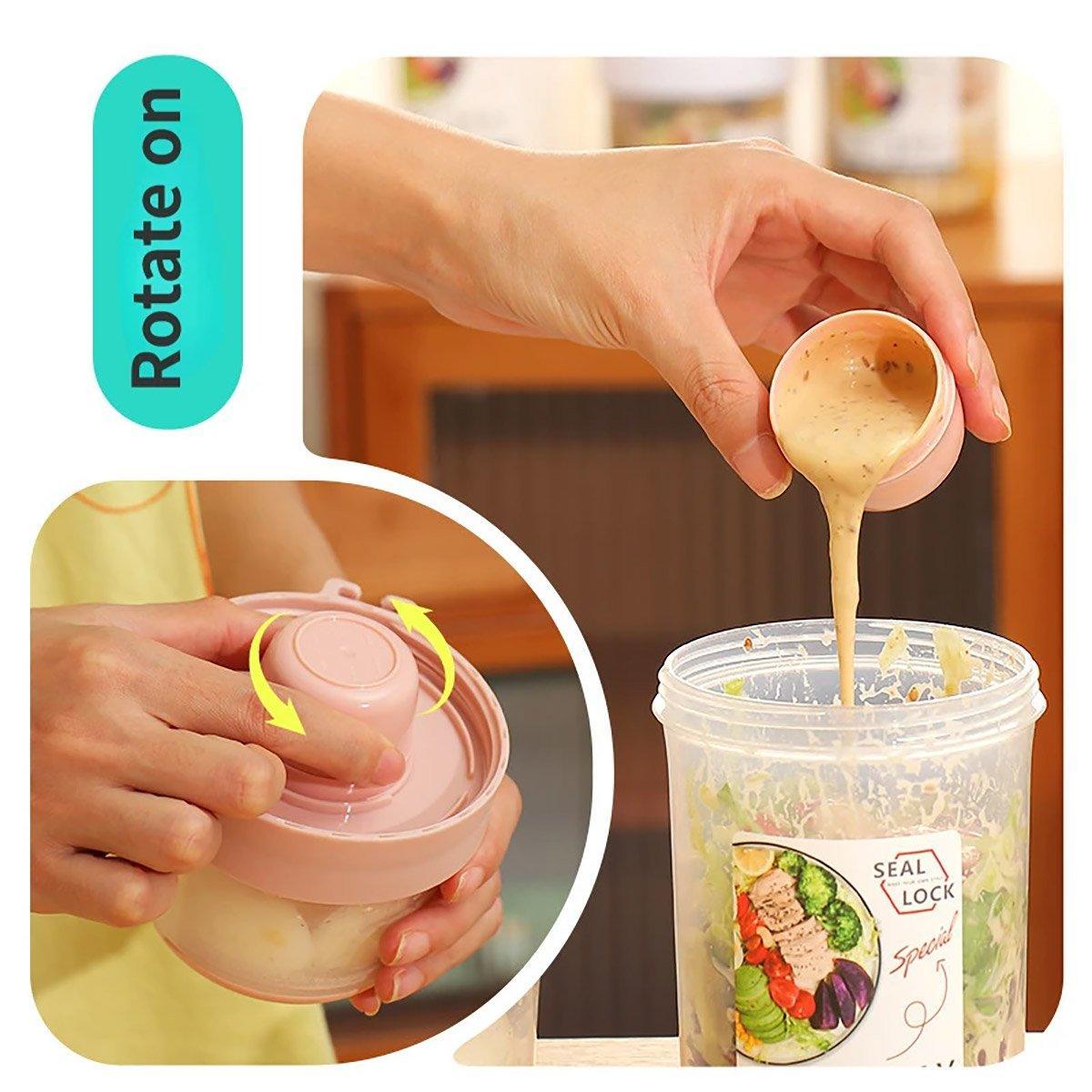 Double Plastic Salad Cup with Fork Sealed Breakfast Container for On-the-Go Meal - 560ml-Pink